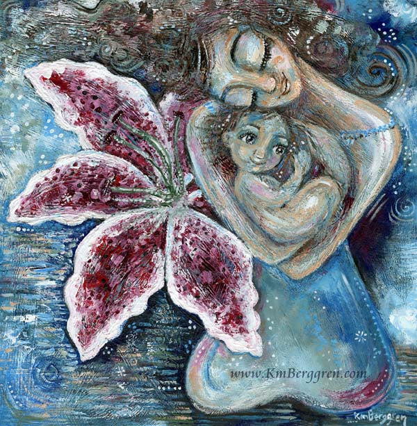 giant stargazer lily flower with mother and big eyed child in her arms, art by Katie m. Berggren