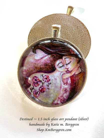 mother and daughter with roses glass art pendant necklace mothers gift 1.5 inches across handmade by the artist