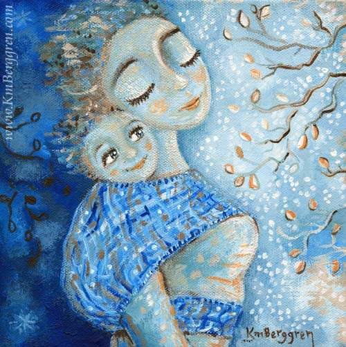 blue artwork showing a mother with her face to the sky, wearing a smiling baby on her back, tree branches with leaves in front of them