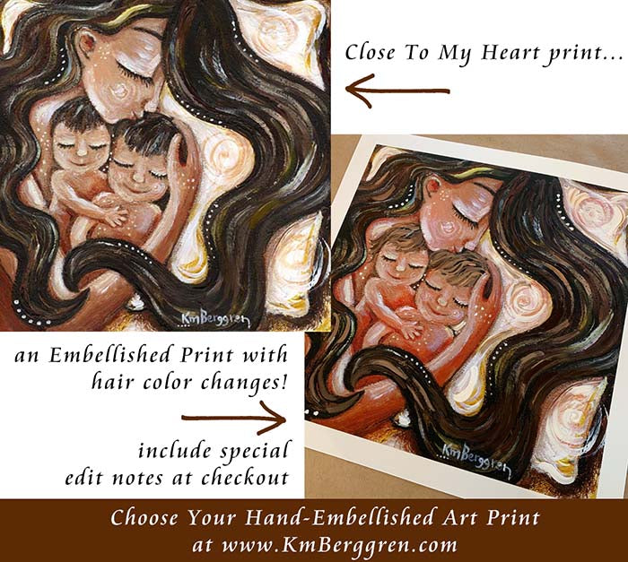 personalized art print, customize colors on art print, custom hair and eye colors, mother sleeping with two children art print - embellish for hair and eye color changes