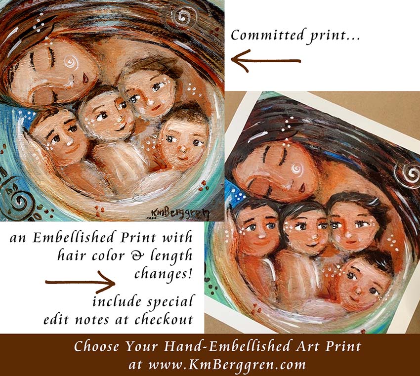 personalized art print of mother with 4 children, custom print of mom and four kids, choose an embellished print to customize eye colors and hair color and length, mother and child art by kmberggren