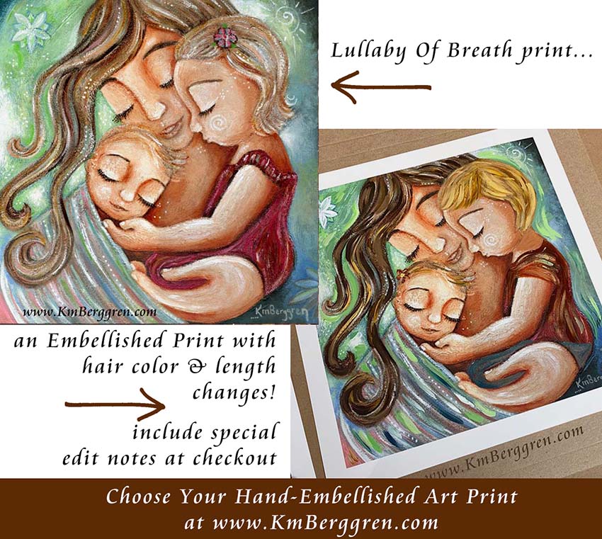 choose an embellished print to request custom hair and eye color changes, mother and child artwork