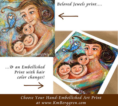 mother and three children art print, choose embellished prints for eye and hair color changes by KmBerggren