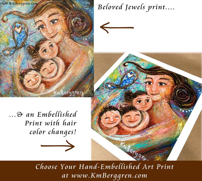 Beautiful Mama and 3 Kids Art on paper and canvas - KmBerggren