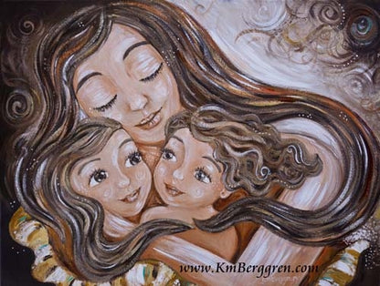 neutral toned KmBerggren art print of long brown haired mother with two brown haired daughters