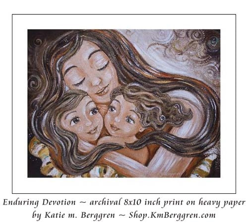 art print of brown haired mother and two brown haired daughters