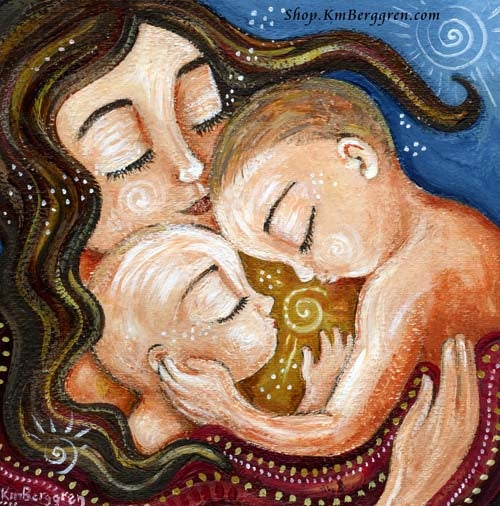 blue red and yellow art print of brunette mother kissing two little boys and a yellow sun in the middle