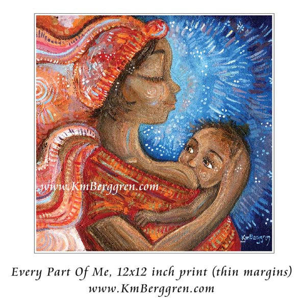 african american woman artwork, nursing baby and wearing a red head wrap and dress with blue background