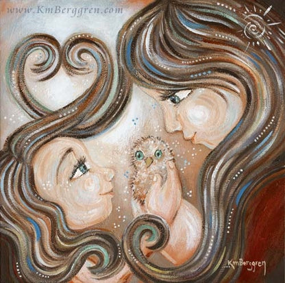 artwork of mother and daughter, both with long brown hair, together holding a bird with green eyes