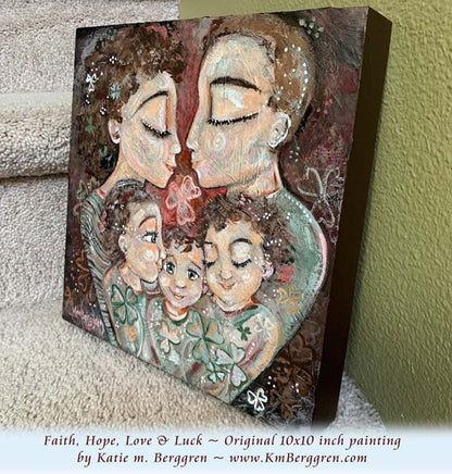 edge view of original painting of mother and father with three curly haired children and shamrocks and clover by KmBerggren
