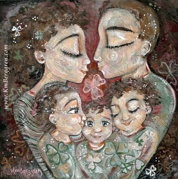 original painting for a family with three kids, mother and father artwork, anniversary painting for mom and dad, three children artwork, mother and father of three daughters art, 2 sisters and brother artwork, little brother and two big sisters painting, mother and child artwork by kmberggren