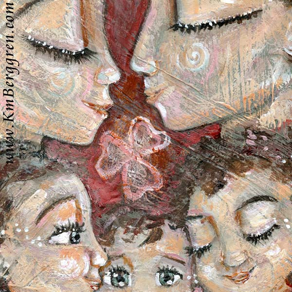 detail view of original painting of mother and father with three curly haired children and shamrocks and clover by KmBerggren