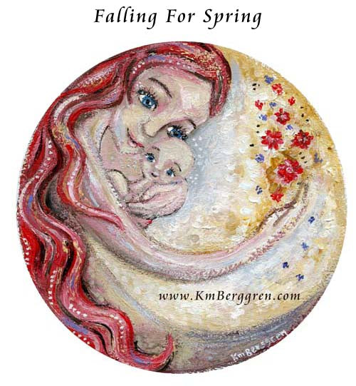 mother with red hair, bald blue eyed baby, catching flowers, mom baby flower art, circle round art print, round art