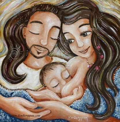 father with facial hair and mom with long brown hair nursing baby artwork by KmBerggren