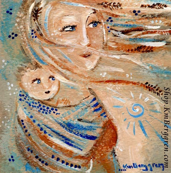 art print of mother with long red hair babywearing tiny baby, feathers in hair art by KmBerggren