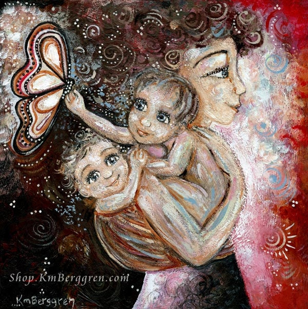 art print in magenta and black of mother with curly hair holding naked baby and wearing baby on back with butterfly