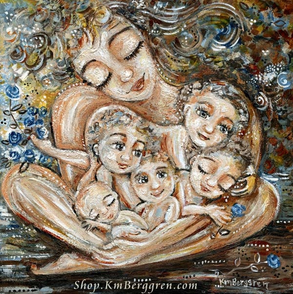 art print of mother with five children in her lap, lots of skin to skin, mom sitting cross-legged, art by KmBerggren