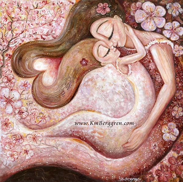 mother and daughter dancing beneath the cherry blossoms pink art print by KmBerggren