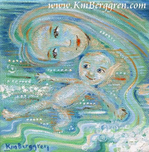 art on canvas, print on canvas, paintings of mother and child, taking a bath with baby art print, pictures of baby in bath, mama and baby in tub, floating bath baby, mom baby art by kmberggren