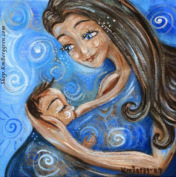 blue breastfeeding art print of mother with brown hair and blue eyes nursing a baby sleeping, in a blue blanket, art by KmBerggren