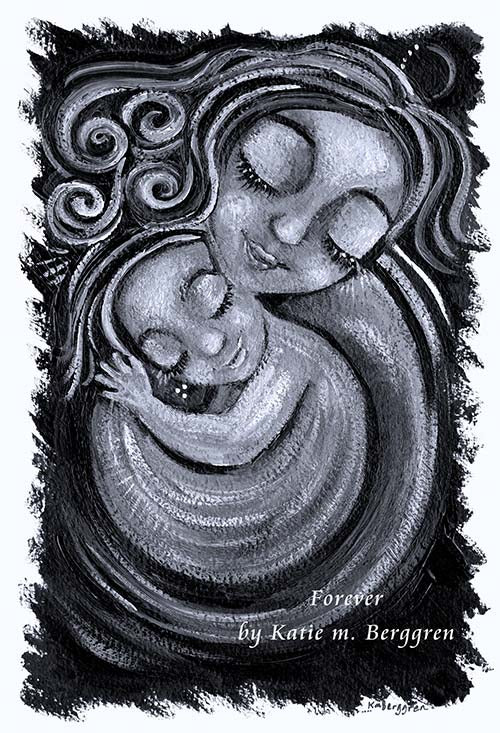 black and white Original 8x12 inch painting on heavy paper www.KmBerggren.com, black and white painting of mother and child, mom and baby art print, mother daughter original painting