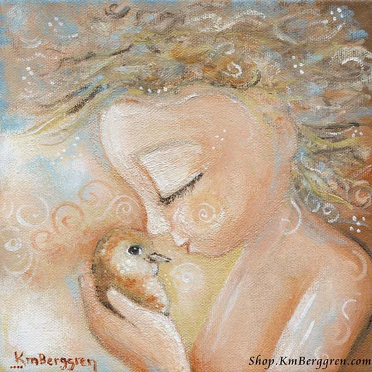 art print of a little child with curly blonde hair, holding a little soft orange bird to his nose, gentle baby art by KmBerggren