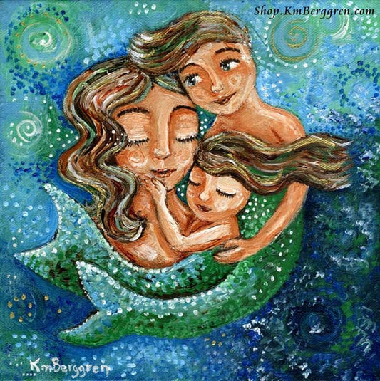 original painting in greens and blues of a mermaid mother holding two mermaid children, art by KmBerggren