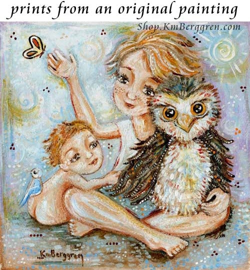 artwork showing blonde children and an owl and butterfly by KmBerggren