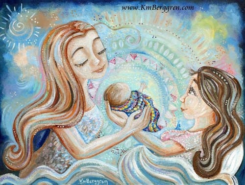 art print in blues and pinks of a birth mother handing over an adopted child to the adoptive mother, art by KmBerggren