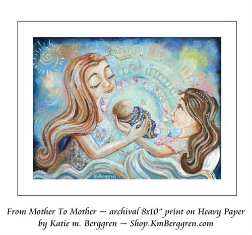 art print in blues and pinks of a birth mother handing over an adopted child to the adoptive mother, art by KmBerggren