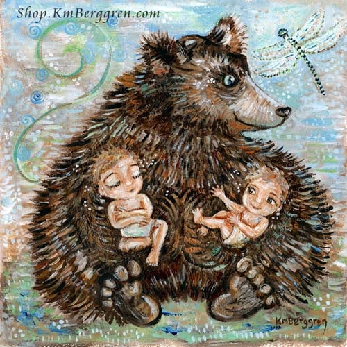 big bear artwork holding two babies in diapers, dragonly and gentle nature art by KmBerggren