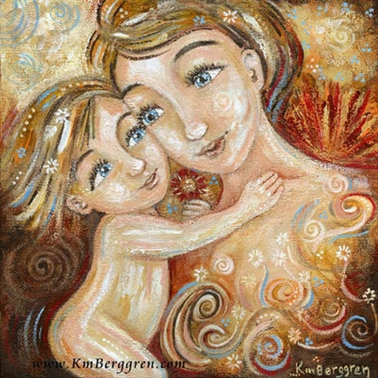 artwork of mother and daughter, blonde hair with flowers in hair, red and yellow sunset background, art by KmBerggren