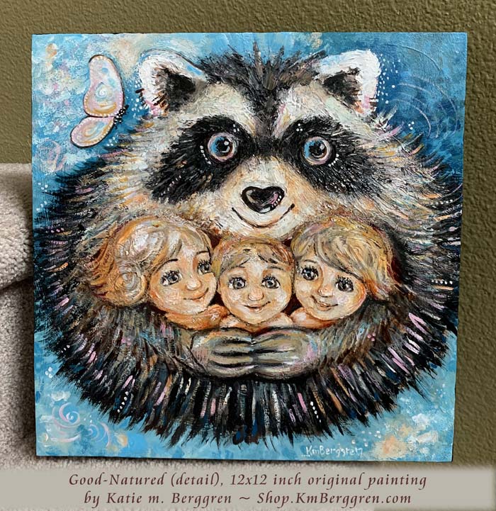 friendly raccoon hugging children original painting on wood panel print by KmBerggren