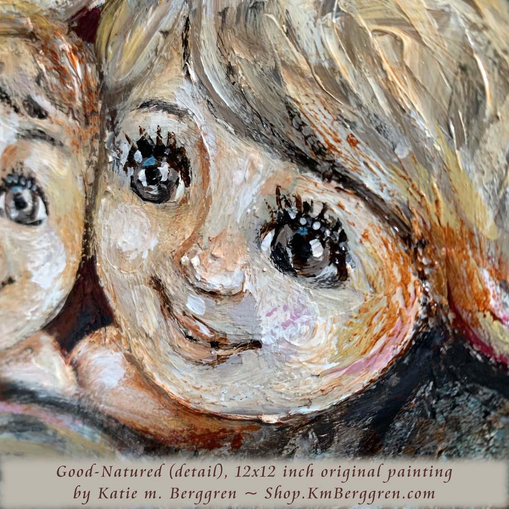 detail view of friendly raccoon hugging children original painting on wood panel print by KmBerggren