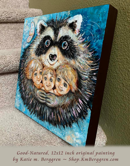 side view of friendly raccoon hugging children original painting on wood panel print by KmBerggren