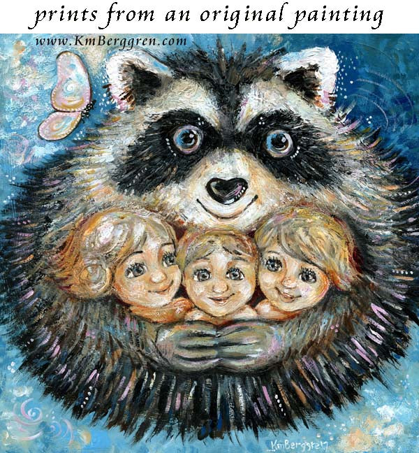 friendly raccoon hugging children art print by KmBerggren