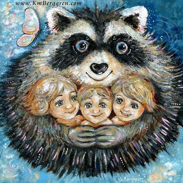 friendly raccoon hugging children original painting on wood panel print by KmBerggren