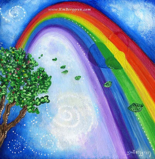 huge bright colorful rainbow shooting across the sky to behind a tree artwork by KmBerggren from the Carry You With Me Storybook by Alanna Knobben