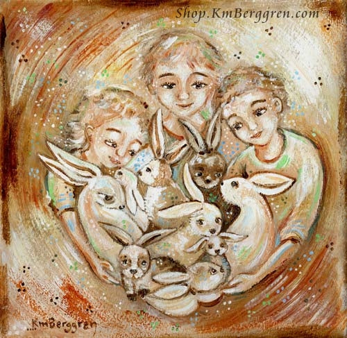 art print of three light haired children playing with a fluffle of rabbits in an orange and yellow background