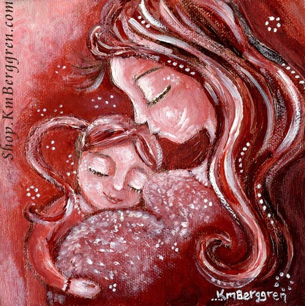 expectant mother artwork in red colors with long haired daughter in pigtails, art by KmBerggren