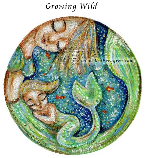 mermaid mother with mermaid daughter, goldfish in the sea, mermaid in the ocean art, mom and girl mermaids art print, kmberggren mermaid art, round art, circle painting