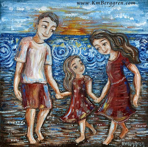 family beach art, little girl on the beach, mom dad daughter at the coast artwork