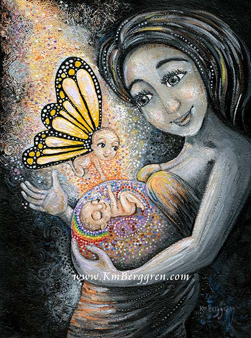 mother with rainbow baby in belly, winged baby angel touching rainbow baby, black and white artwork, mother of loss, expecting rainbow baby art, gift for pregnant after loss, gift for mom of loss expecting new baby