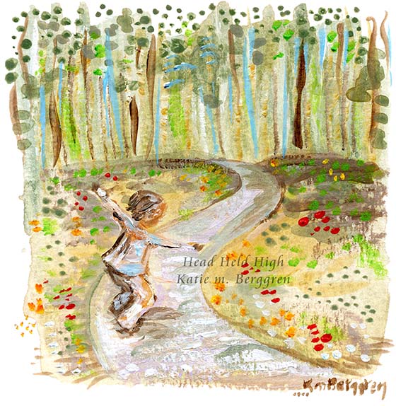young child running on a path, homeschool gift, freedom child artwork, painting of forest and trees, unschooling art