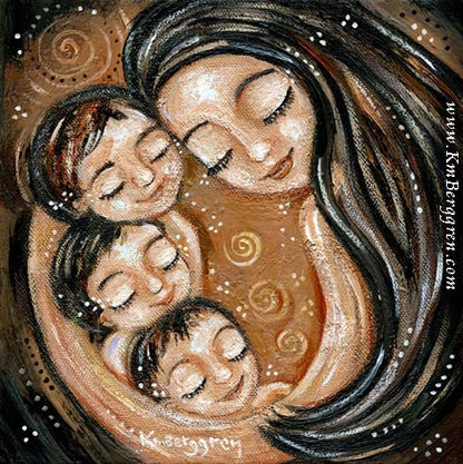 artwork of black haired mother holding three black haired children