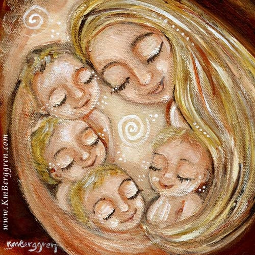 artwork of blonde mother holding four blonde children, art by KmBerggren