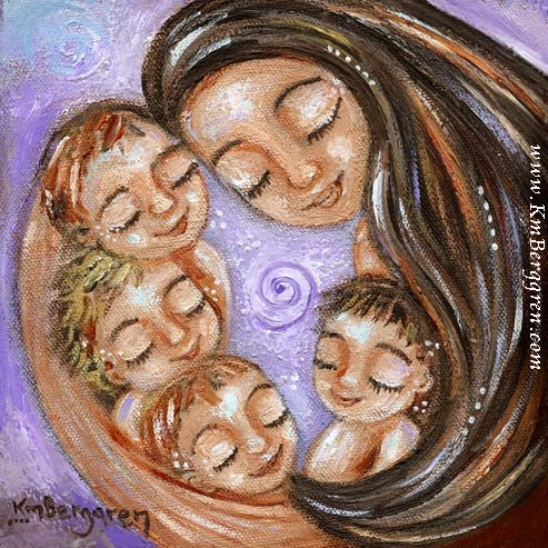 artwork print of brunette mother holding four children with a purple background, art by KmBerggren
