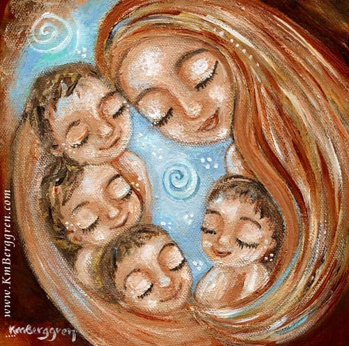 artwork print by Katie m. Berggren of red haired mom holding four children with a blue background