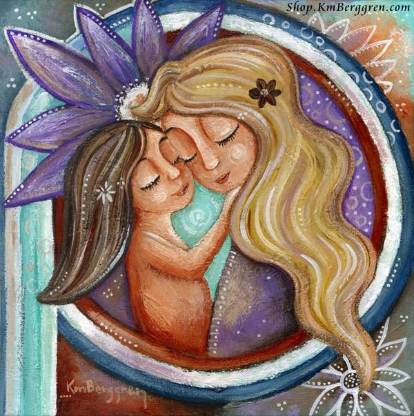 artwork of blonde mother holding brunette daughter with big purple flower in background, art by KmBerggren