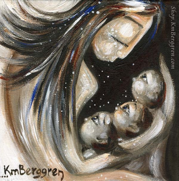 artwork by KmBerggren - dark haired mother cradling three small babies in her arm, black and brown and cream toned artwork